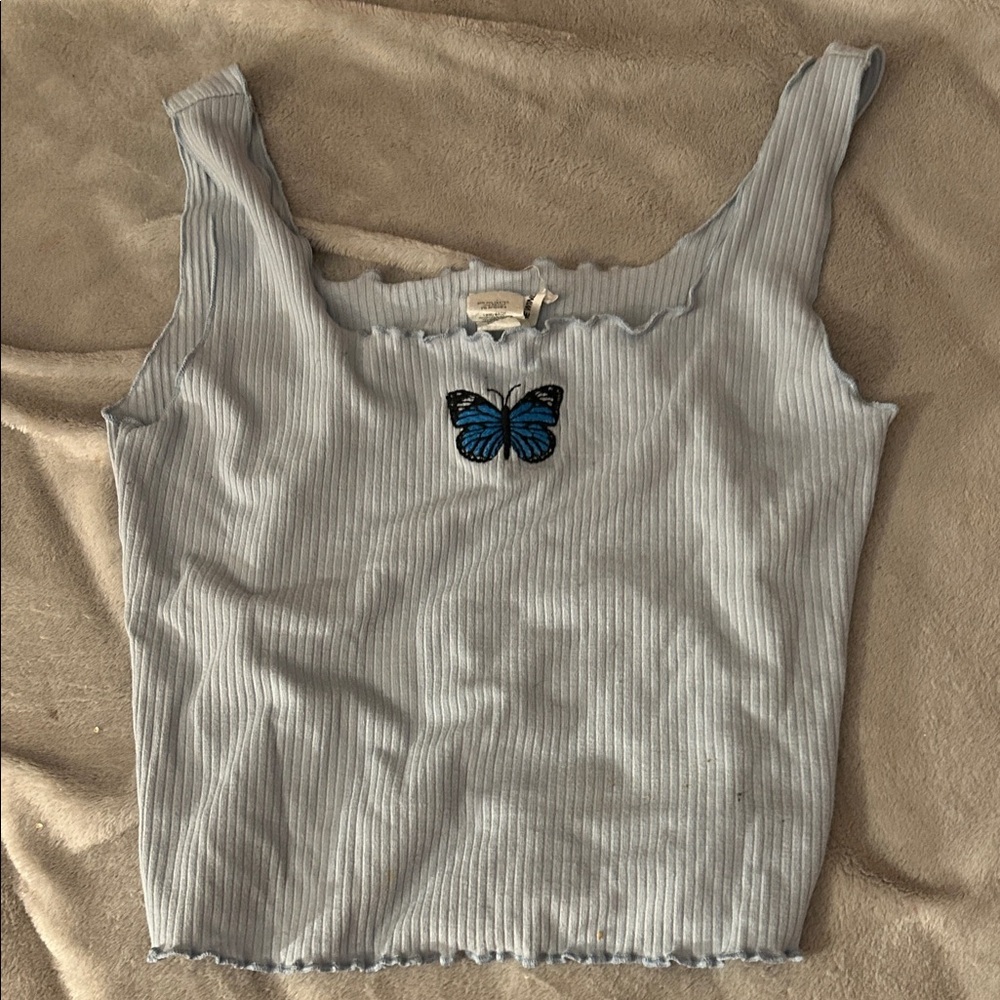 Blue Ribbed Tank Top with Butterfly Patch